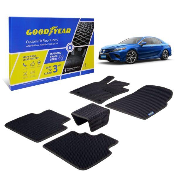 Goodyear Custom Fit Car Floor Liners for Toyota Camry 2018-2021, Black/Black 5 Pc. Set, All-Weather Diamond Shape Liner Traps Dirt, Liquid, Rain and Dust, Precision Interior Coverage - GY004111