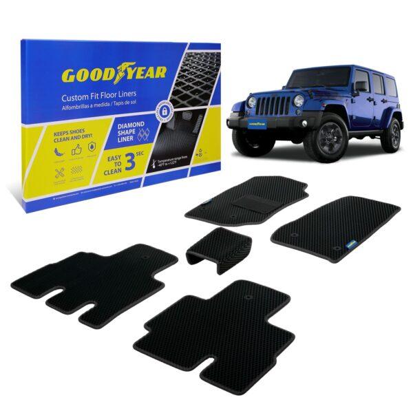 Goodyear Custom Fit Car Floor Liners for Jeep Wrangler 2014-2018, Black/Black 5 Pc. Set, All-Weather Diamond Shape Liner Traps Dirt, Liquid, Precision Interior Coverage - GY004123