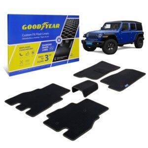 Goodyear Custom Fit Car Floor Liners for Jeep Wrangler 2018-2021, Black/Black 5 Pc. Set, All-Weather Diamond Shape Liner Traps Dirt, Liquid, Precision Interior Coverage - GY004126