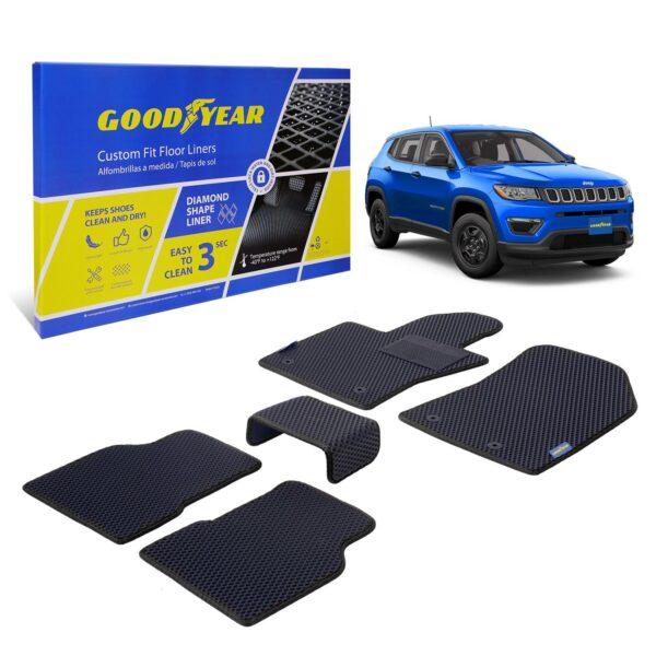 Goodyear Custom Fit Car Floor Liners for Jeep Compass 2017-2021, Black/Black 5 Pc. Set, All-Weather Diamond Shape Liner Traps Dirt, Liquid, Rain and Dust, Precision Interior Coverage - GY004132