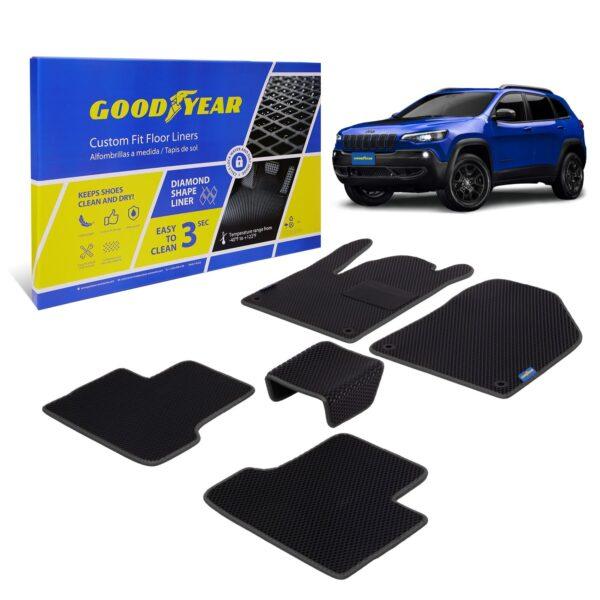 Goodyear Custom Fit Car Floor Liners for Jeep Cherokee 2015-2021, Black/Black 5 Pc. Set, All-Weather Diamond Shape Liner Traps Dirt, Liquid, Precision Interior Coverage - GY004135