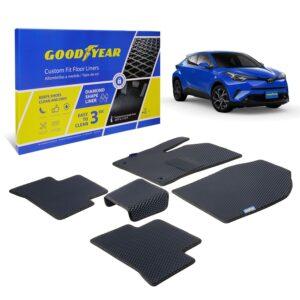 Goodyear Custom Fit Car Floor Liners for Toyota C-HR 2018-2020, Black/Black 5 Pc. Set, All-Weather Diamond Shape Liner Traps Dirt, Liquid, Precision Interior Coverage - GY004174