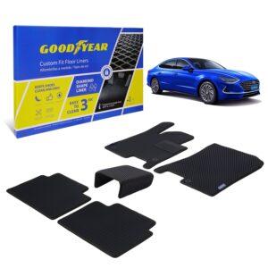 Goodyear Custom Fit Car Floor Liners for Hyundai Sonata 2020-2021/Kia K5 2020-2021, Black/Black 5 Pc. Set, All-Weather Diamond Shape Liner Traps Dirt, Liquid, Rain and Dust, Precision Interior Coverage - GY004183