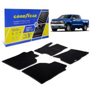 Goodyear Custom Fit Car Floor Liners for Chevrolet (Chevy) Silverado/for GMC Sierra 2019-2021 Crew Cab, Black/Black, All-Weather Diamond Shape Liner Traps Dirt, Liquid,Precision Interior Coverage-GY004189