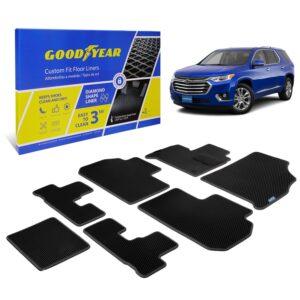 Goodyear Custom Fit Car Floor Liners for Chevy Traverse 2018-2021, Black/Black 7 Pc. Set, All Weather Diamond Shape Liner Traps Dirt, Liquid, Rain and Dust, Precision Interior Coverage - GY004192