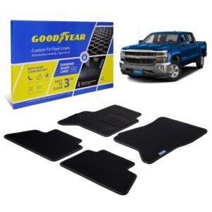 Goodyear Custom Fit Car Floor Liners for Chevrolet (Chevy) Silverado/for GMC Sierra 2014-2018 Crew Cab, Black/Black,All-Weather Diamond Shape Liner Traps Dirt, Liquid,Precision Interior Coverage-GY004198