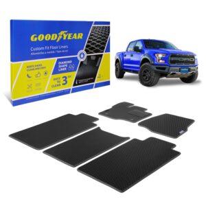 Goodyear Custom Fit Car Floor Liners for Ford F-150 2015-2021 SuperCrew, Black/Black 5 Pc. Set, All-Weather Diamond Shape Liner Traps Dirt, Liquid, Precision Interior Coverage - GY004201