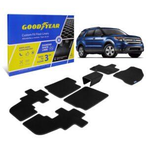 Goodyear Custom Fit Car Floor Liners for Ford Explorer 2011-2014, Black/Black 7 Pc. Set, All-Weather Diamond Shape Liner Traps Dirt, Liquid, Precision Interior Coverage - GY004210