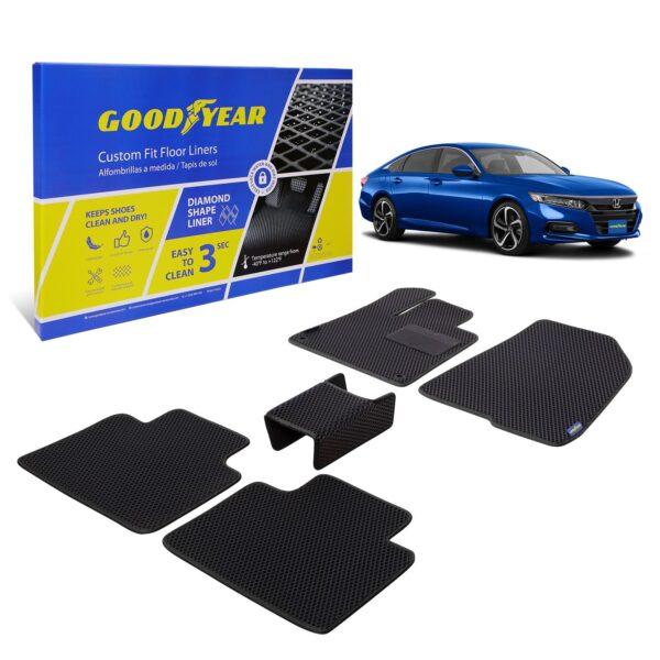 Goodyear Custom Fit Car Floor Liners for Honda Accord 2018-2021, Black/Black 5 Pc. Set, All-Weather Diamond Shape Liner Traps Dirt, Liquid, Precision Interior Coverage - GY004216