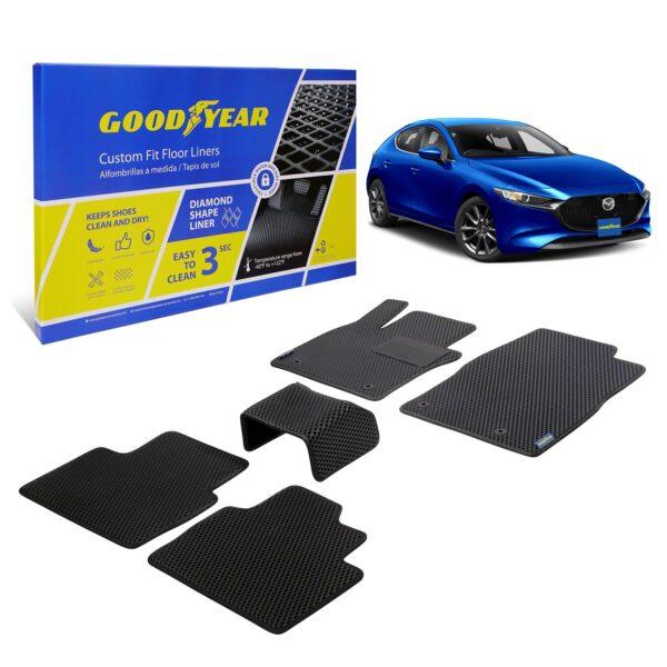 Goodyear Custom Fit Car Floor Liners for Mazda 3 2019-2021, Black/Black 5 Pc. Set, All-Weather Diamond Shape Liner Traps Dirt, Liquid, Precision Interior Coverage - GY004219