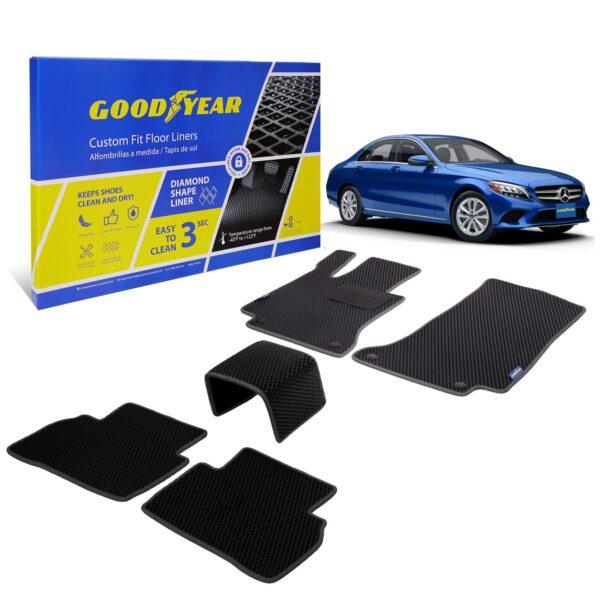 Goodyear Custom Fit Car Floor Liners for Mercedes C-Class 2015-2021 Sedan, Black/Black 5 Pc. Set, All-Weather Diamond Shape Liner Traps Dirt, Liquid, Precision Interior Coverage - GY004222