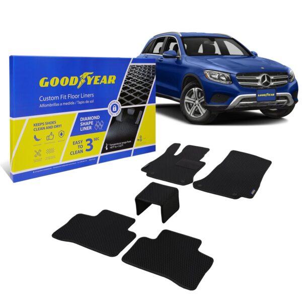 Goodyear Custom Fit Car Floor Liners for Mercedes GLC-Class 2016-2021, Black/Black 5 Pc. Set, All-Weather Diamond Shape Liner Traps Dirt, Liquid, Precision Interior Coverage - GY004228