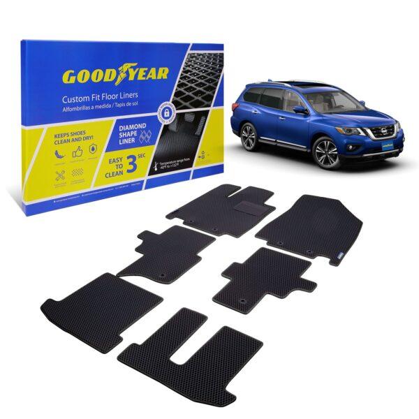 Goodyear Custom Fit Car Floor Liners for Nissan Pathfinder 2013-2020, Black/Black 6 Pc. Set, All-Weather Diamond Shape Liner Traps Dirt, Liquid, Precision Interior Coverage - GY004237