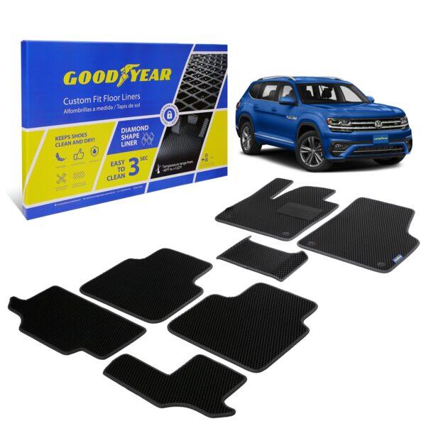 Goodyear Custom Fit Car Floor Liners for Volkswagen (VW) Atlas 2018-2021, Black/Black 7 Pc. Set, All-Weather Diamond Shape Liner Traps Dirt, Liquid, Precision Interior Coverage - GY004243