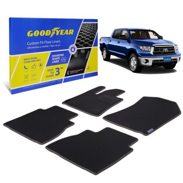 Goodyear Custom Fit Car Floor Liners for Toyota Tundra 2010-2013 CrewMax, Black/Black 4 Pc. Set, All-Weather Diamond Shape Liner Traps Dirt, Liquid, Precision Interior Coverage - GY004252