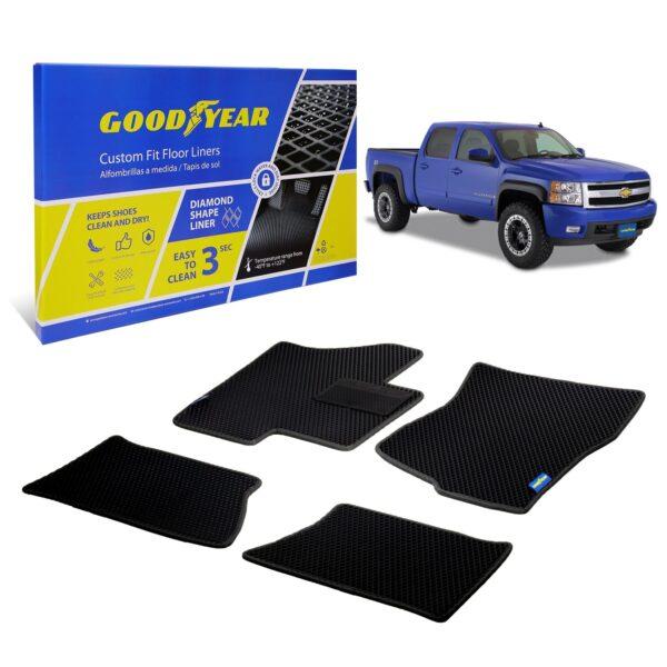 Goodyear Custom Fit Car Floor Liners for Chevrolet (Chevy) Silverado/for GMC Sierra 2007-2013 Crew Cab, Black/Black, All-Weather Diamond Shape Liner Traps Dirt, Precision Interior Coverage - GY004264