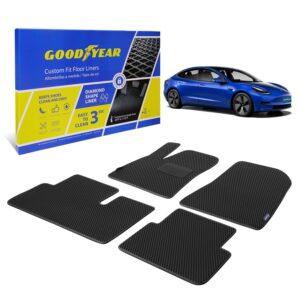 Goodyear Custom Fit Car Floor Liners for Tesla Model 3 2017-2020, Black/Black 4 Pc. Set, All-Weather Diamond Shape Liner Traps Dirt, Liquid, Precision Interior Coverage - GY004273