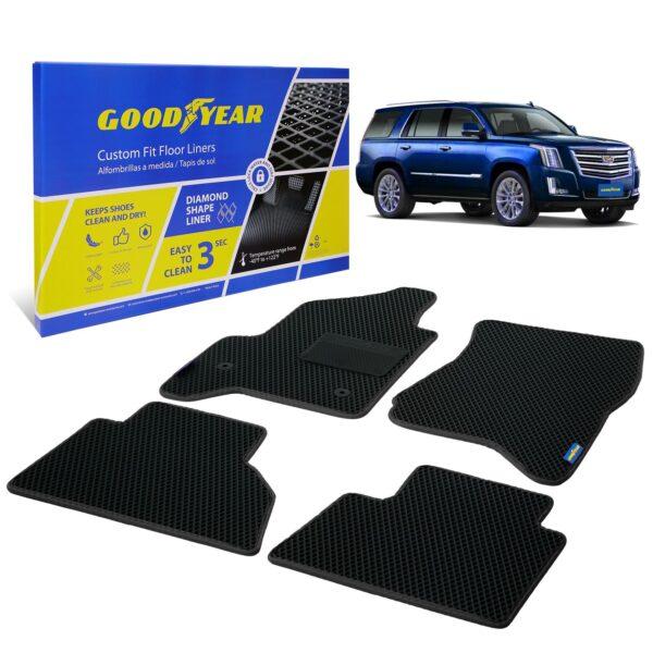 Goodyear Custom Fit Car Floor Liners for Cadillac Escalade 2015-2020, Black/Black 4 Pc. Set, All-Weather Diamond Shape Liner Traps Dirt, Liquid, Precision Interior Coverage - GY004285