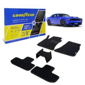 Goodyear Custom Fit Car Floor Liners for Dodge Challenger 2015-2020, Black/Black 4 Pc. Set, All-Weather Diamond Shape Liner Traps Dirt, Liquid, Precision Interior Coverage - GY004294