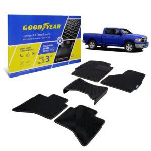 Goodyear Custom Fit Car Floor Liners for Dodge RAM 1500 2009-2018 Quad Cab, Black/Black 5 Pc. Set, All-Weather Diamond Shape Liner Traps Dirt, Liquid, Precision Interior Coverage - GY004297