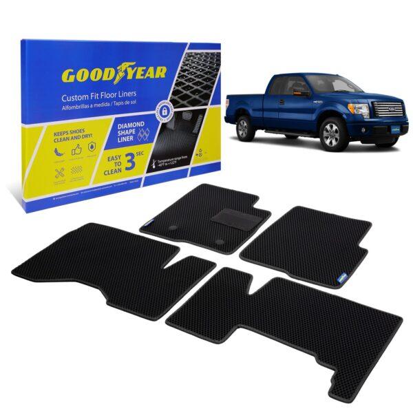 Goodyear Custom Fit Car Floor Liners for Ford F-150 2009-2014 SuperCab, Black/Black 4 Pc. Set, All-Weather Diamond Shape Liner Traps Dirt, Liquid, Precision Interior Coverage - GY004300