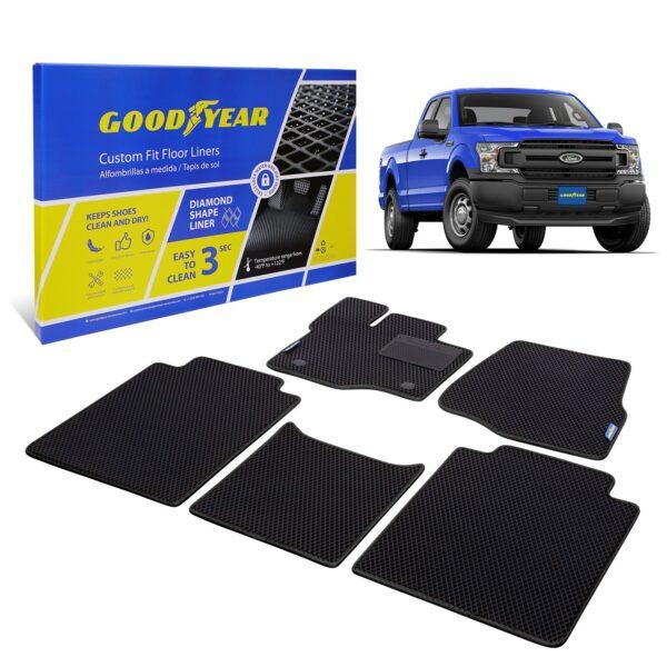 Goodyear Custom Fit Car Floor Liners for Ford F-150 2015-2021 SuperCab, Black/Black 5 Pc. Set, All-Weather Diamond Shape Liner Traps Dirt, Liquid, Precision Interior Coverage - GY004303