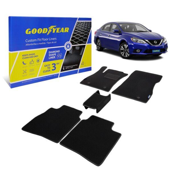 Goodyear Custom Fit Car Floor Liners for Nissan Sentra 2013-2019 Sedan, Black/Black 5 Pc. Set, All-Weather Diamond Shape Liner Traps Dirt, Liquid, Precision Interior Coverage - GY004306