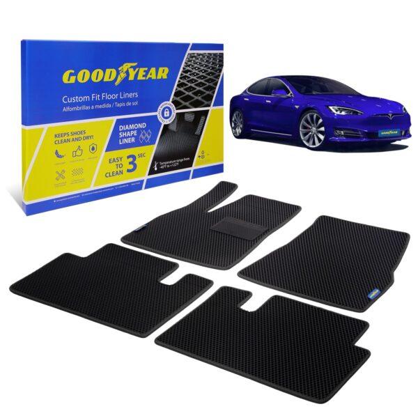 Goodyear Custom Fit Car Floor Liners for Tesla Model S 2014-2020, Black/Black 4 Pc. Set, All-Weather Diamond Shape Liner Traps Dirt, Liquid, Precision Interior Coverage - GY004309