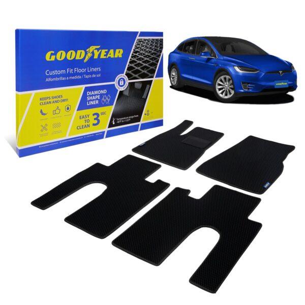 Goodyear Custom Fit Car Floor Liners for Tesla Model X 2017-2021, Black/Black 4 Pc. Set, All-Weather Diamond Shape Liner Traps Dirt, Liquid, Precision Interior Coverage - GY004312