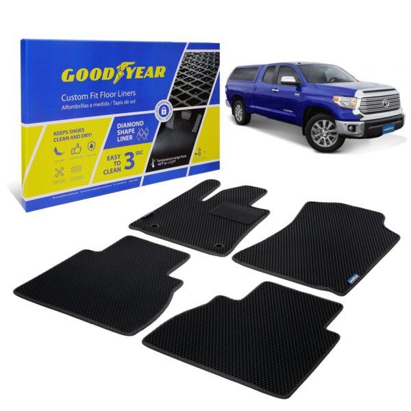 Goodyear Custom Fit Car Floor Liners for Toyota Tundra 2012-2021 Double Cab, Black/Black 4 Pc. Set, All-Weather Diamond Shape Liner Traps Dirt, Liquid, Precision Interior Coverage - GY004315