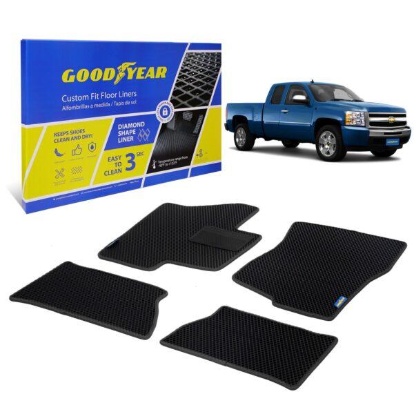 Goodyear Custom Fit Car Floor Liners for Chevrolet (Chevy) Silverado/for GMC Sierra 1500 2007-2013 Extended Cab, Black,All-Weather Diamond Shape Liner Traps Dirt,Precision Interior Coverage - GY004321