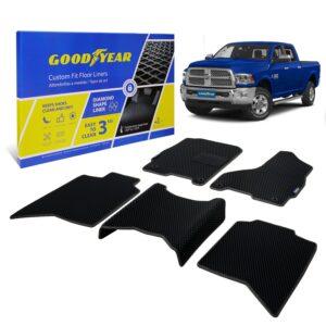 Goodyear Custom Fit Car Floor Liners for Dodge Ram 2500 2012-2018 Crew Cab, Black/Black 5 Pc. Set, All-Weather Diamond Shape Liner Traps Dirt, Liquid, Precision Interior Coverage - GY004327