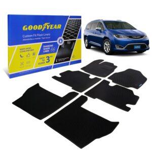 Goodyear Custom Fit Car Floor Liners for Chrysler Pacifica 2017-2021, Black/Black 6 Pc. Set, All-Weather Diamond Shape Liner Traps Dirt, Liquid, Precision Interior Coverage - GY004330