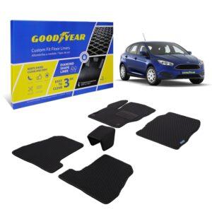 Goodyear Custom Fit Car Floor Liners for Ford Focus 2012-2018 Hatchback, Sedan, Black/Black 4 Pc. Set, All-Weather Diamond Shape Liner Traps Dirt,Precision Interior Coverage - GY004336