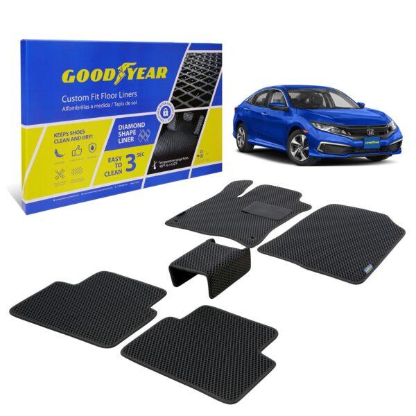 Goodyear Custom Fit Car Floor Liners for Honda Civic 2016-2021, Black/Black 5 Pc. Set, All-Weather Diamond Shape Liner Traps Dirt, Liquid, Precision Interior Coverage - GY004339