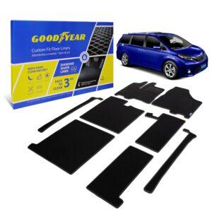 Goodyear Custom Fit Car Floor Liners for Toyota Sienna 2013-2020, Black/Black 8 Pc. Set, All-Weather Diamond Shape Liner Traps Dirt, Liquid, Precision Interior Coverage - GY004348