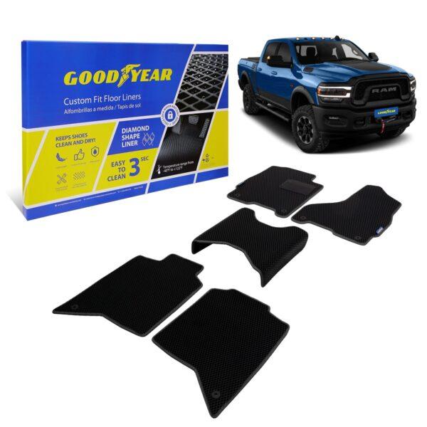 Goodyear Custom Fit Car Floor Liners for Dodge Ram 2500 2019-2021 Crew Cab, Black/Black 5 Pc. Set, All-Weather Diamond Shape Liner Traps Dirt, Liquid, Precision Interior Coverage - GY004351