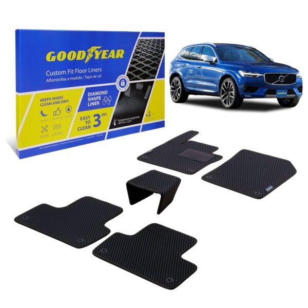 Goodyear Custom Fit Car Floor Liners for Volvo XC60 2018-2021, Black/Black 5 Pc. Set, All-Weather Diamond Shape Liner Traps Dirt, Liquid, Precision Interior Coverage - GY004357