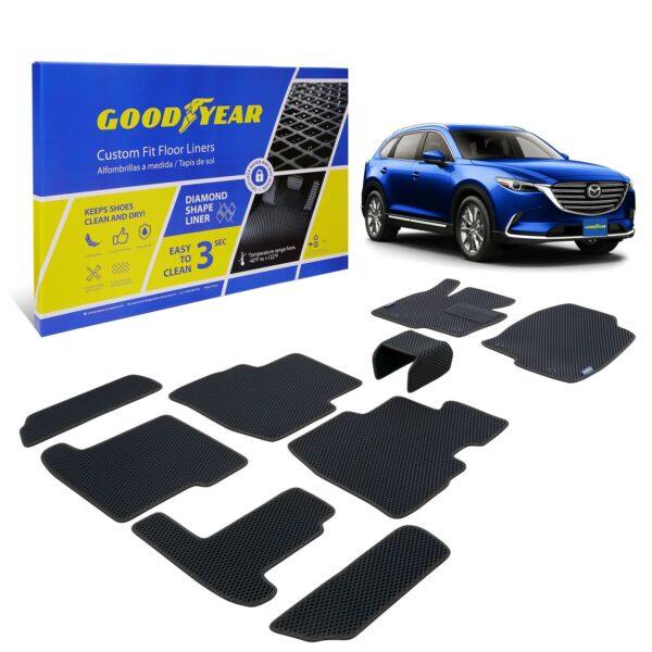 Goodyear Custom Fit Car Floor Liners for Mazda CX-9 2016-2021, Black/Black 9 Pc. Set, All-Weather Diamond Shape Liner Traps Dirt, Liquid, Precision Interior Coverage - GY004366