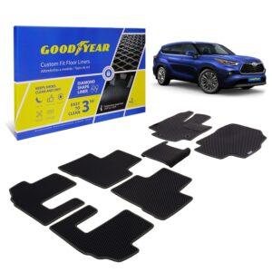 Goodyear Custom Fit Car Floor Liners for Toyota Highlander 2020-2021, Black/Black 7 Pc. Set, All-Weather Diamond Shape Liner Traps Dirt, Liquid, Precision Interior Coverage - GY004369