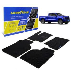 Goodyear Custom Fit Car Floor Liners for Chevrolet (Chevy) Silverado/GMC Sierra 2019-2021 Double Cab, Black/Black, All-Weather Diamond Shape Liner Traps Dirt,Precision Interior Coverage - GY004372