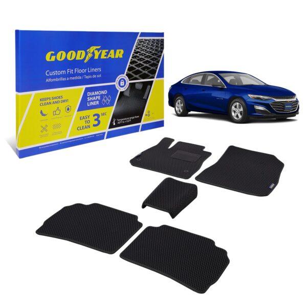 Goodyear Custom Fit Car Floor Liners for Chevrolet (Chevy) Malibu 2016-2021, Black/Black 5 Pc. Set, All-Weather Diamond Shape Liner Traps Dirt, Liquid, Precision Interior Coverage - GY004378