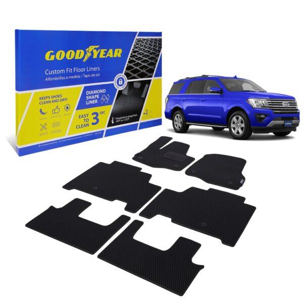 Goodyear Custom Fit Car Floor Liners for Ford Expedition/Lincoln Navigator 2018-2021, Black/Black 6 Pc.Set, All-Weather Diamond Shape Liner Traps Dirt, Liquid, Precision Interior Coverage - GY004381v