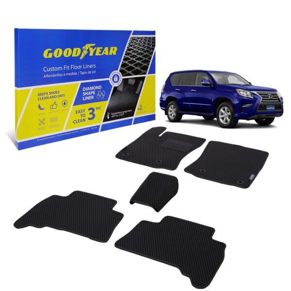 Goodyear Custom Fit Car Floor Liners for Lexus GX 2014-2021/Toyota 4Runner 2013-2021, Black/Black 5 Pc. Set, All-Weather Diamond Shape Liner Traps Dirt, Rain, Precision Interior Coverage - GY004387v