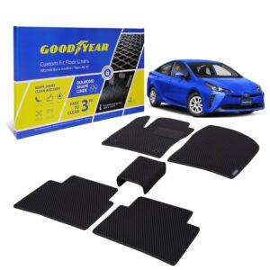 Goodyear Custom Fit Car Floor Liners for Toyota Prius 2016-2021, Black/Black 5 Pc. Set, All-Weather Diamond Shape Liner Traps Dirt, Liquid, Rain and Dust, Precision Interior Coverage - GY004390v