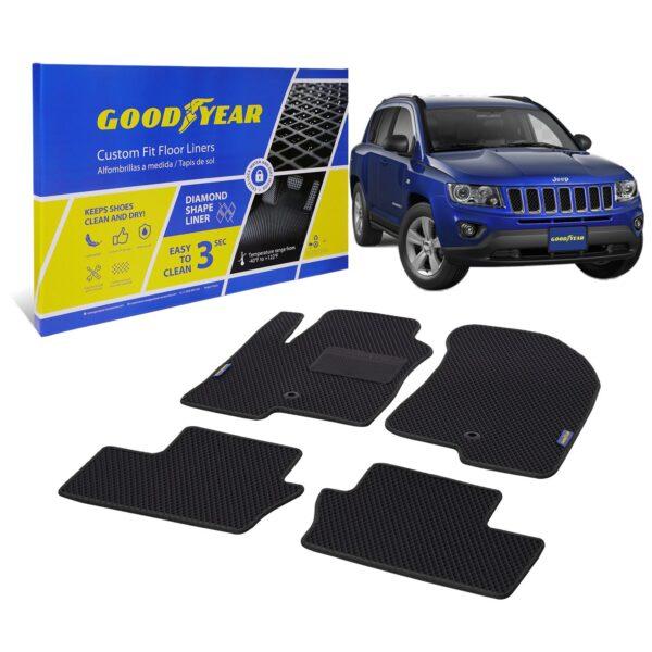 Goodyear Custom Fit Car Floor Liners for Jeep Compass 2007-2017, Black/Black 4 Pc. Set, All-Weather Diamond Shape Liner Traps Dirt, Liquid, Precision Interior Coverage - GY004411