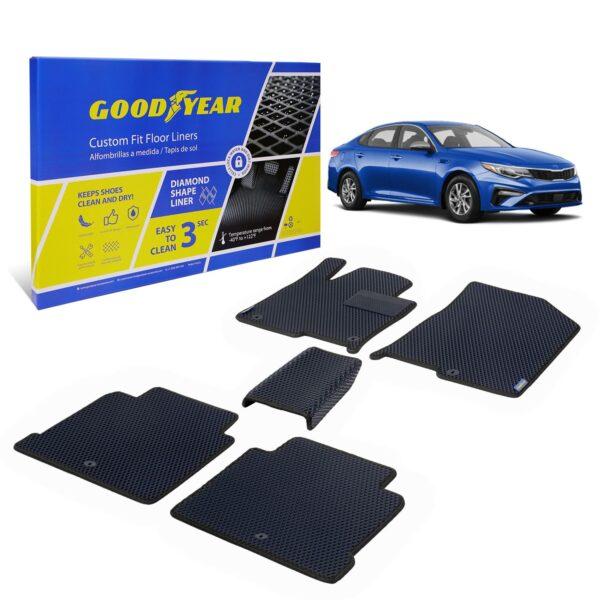 Goodyear Custom Fit Car Floor Liners for Kia Optima 2016-2020/Hyundai Sonata 2015-2019, Black/Black 5 Pc. Set,All-Weather Diamond Shape Liner Traps Dirt, Liquid,Precision Interior Coverage- GY004414v