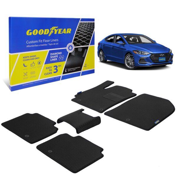 Goodyear Custom Fit Car Floor Liners for Hyundai Elantra 2017-2020, Black/Black 5 Pc. Set, All-Weather Diamond Shape Liner Traps Dirt, Liquid, Rain and Dust, Precision Interior Coverage - GY004418