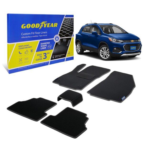 Goodyear Custom Fit Car Floor Liners for Chevrolet Trax 2015-2021/Buick Encore 2013-2021,Black/Black 5 Pc. Set,All-Weather Diamond Shape Liner Traps Dirt,Liquid, Precision Interior Coverage - GY004962